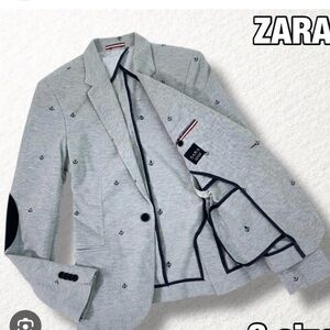 Zara Tailored Blazer Light Gray/Navy Embroidered Anchor Pattern Elbow Patch